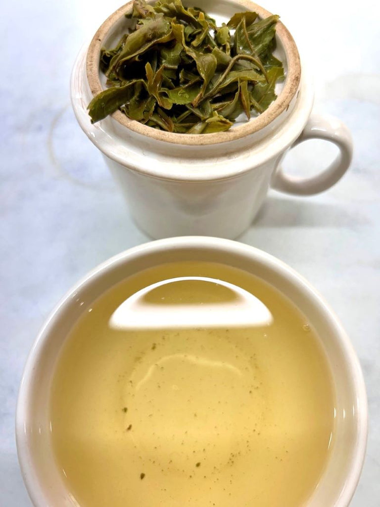 porcelain cupping set with wet green tea leaves and yellow liquor