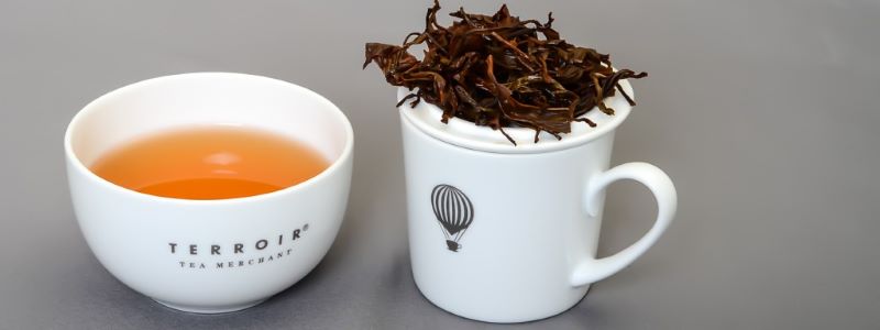 cupping set with wet tea leaves and brewed tea