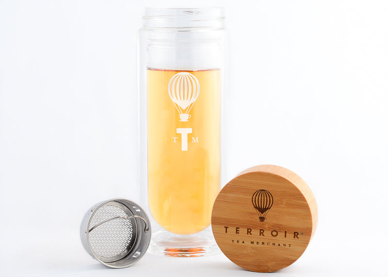 glass tea flask with stainless steel strainer and bamboo lid removed
