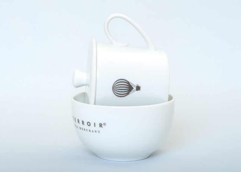 white porcelain cupping set with grey logo