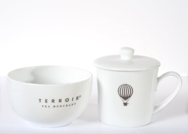 white porcelain cupping set with grey logo